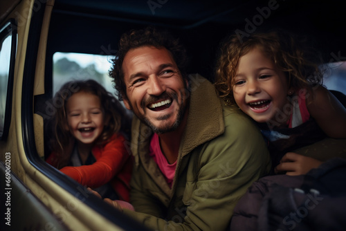 A man and two little girls are smiling in the back of a car