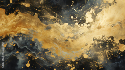 Rich, lustrous golden liquid forms intricate, organic patterns resembling a celestial display of stars and galaxies. The background offers a sense of boundless space, giving the impression of being su © Alin