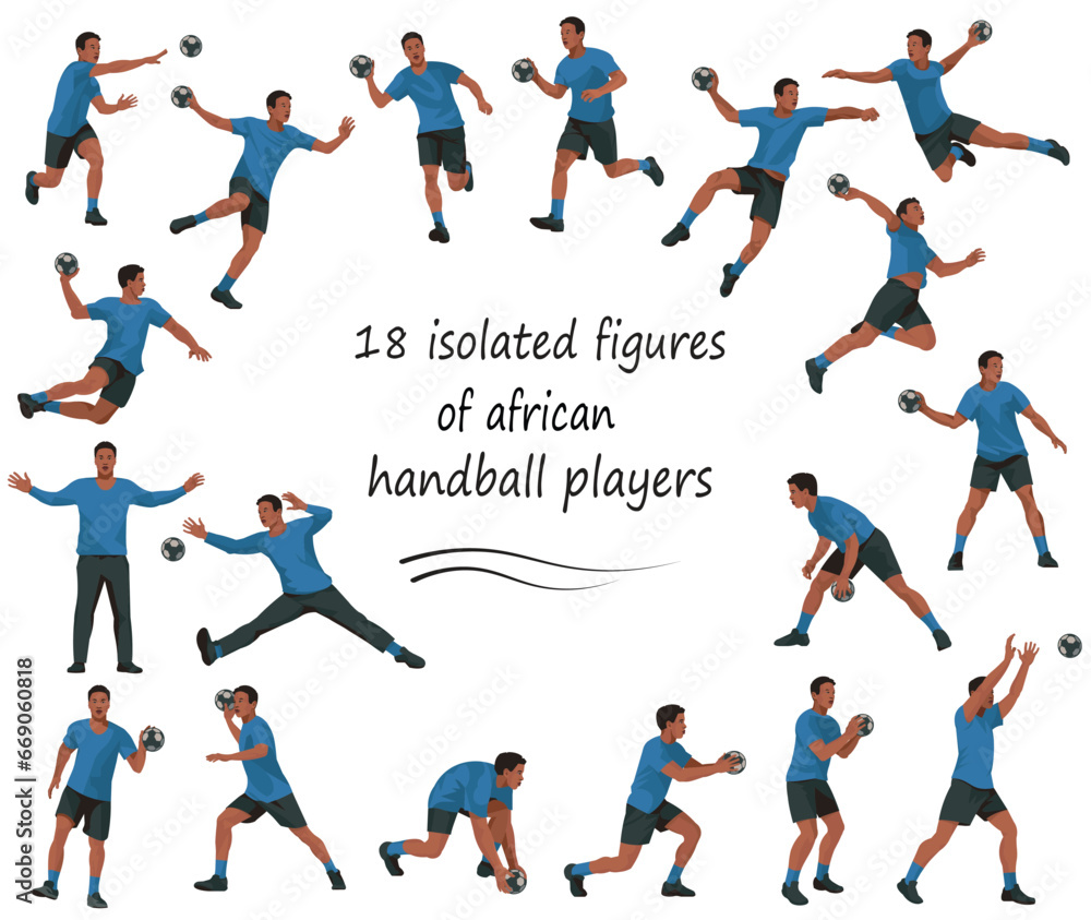 Vector figures of black handball players and keepers team in blue T-shirts in various poses training, running, jumping, throwing the ball