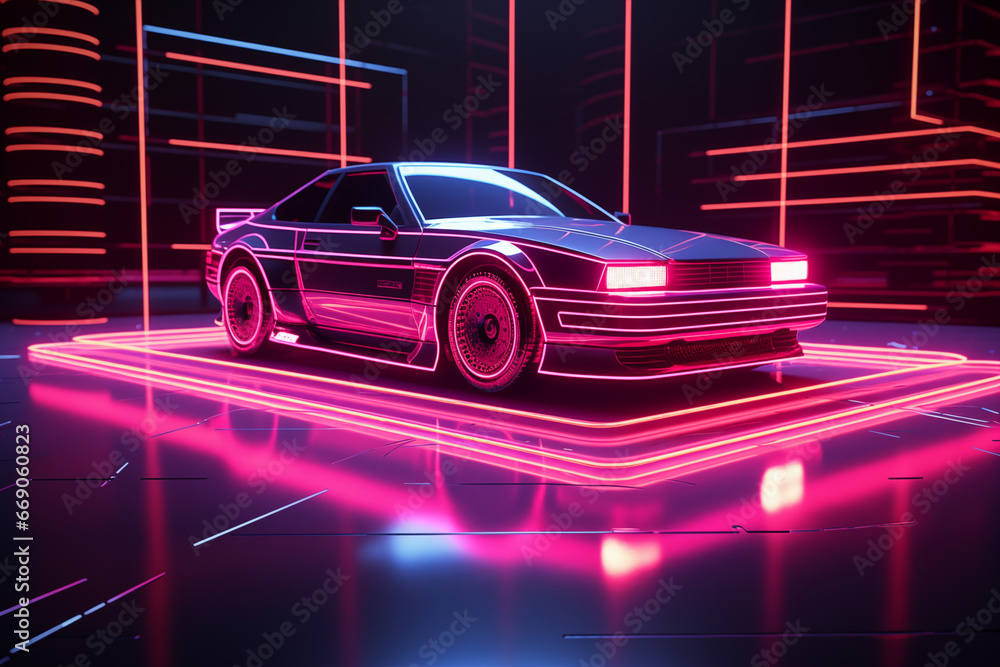 A retro 3D car model exuding the nostalgic charm of the retrowave theme, adorned with captivating neon lights that transport you back to a bygone era