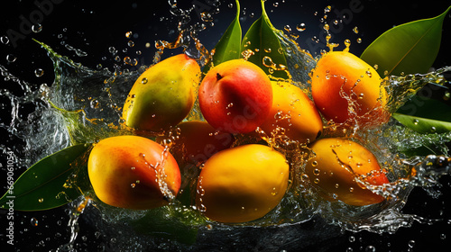 Fresh mangoes with water splashes on black background. Generative AI
