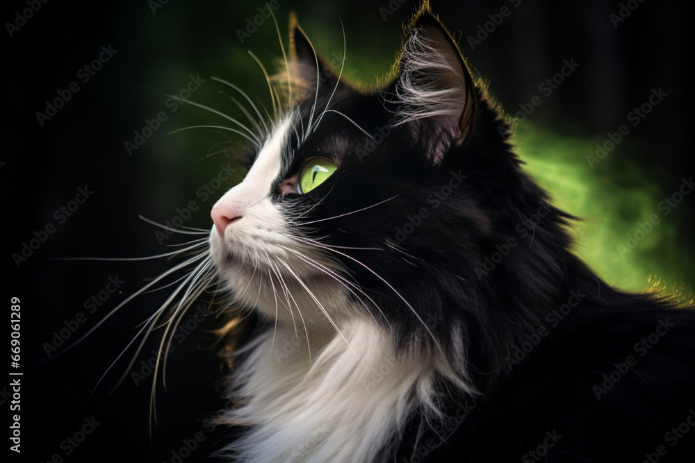Portrait of a black and white cat in a beam of light on dark background