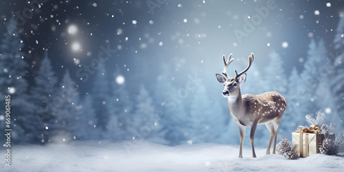  Beautiful Christmas landscape in winter with Christmas deer card background A festive deer sparkles with lights in a winter wonderland. AI Generative © Kalsoom