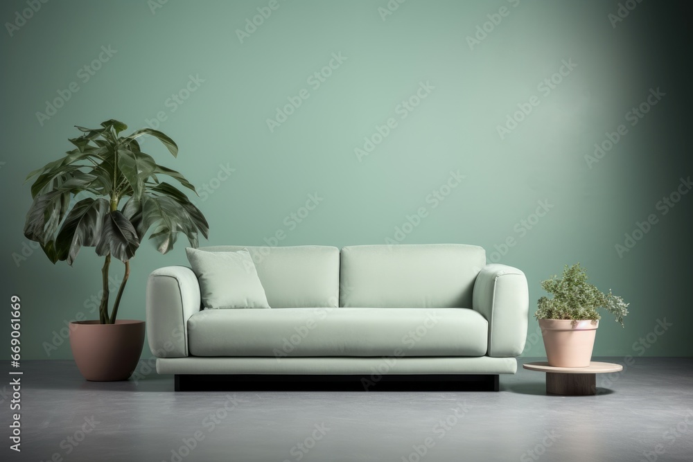 Stylish Frontal view of mint sofa. Mint wall home. Generate Ai Stylish Frontal view of mint sofa. Mint wall home. Generate Ai