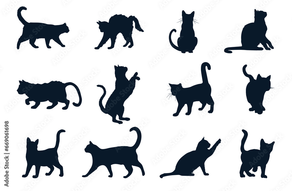 A set of silhouettes of different cats