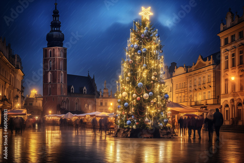 illuminated Christmas tree in the old town, Christmas stalls, in the evening