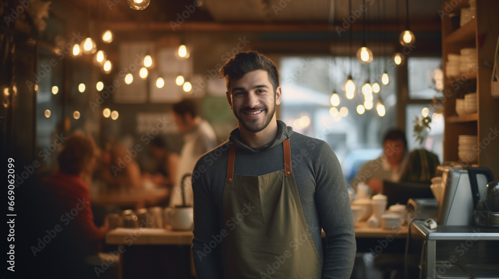 Small business owner of a café at entrance looking at camera Small business owner of a café at entrance looking at camera