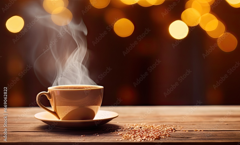 Obraz premium Morning delight. Close up espresso aroma in vintage wooden table background. Rustic charm. Aromatic cappuccino on wood desk coffee break delight