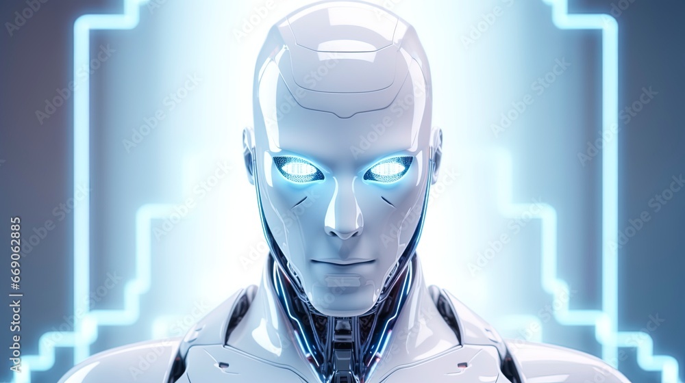 Silver-white humanoid male cyborg robot. Silver-white humanoid male cyborg robot.