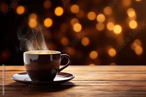 Morning delight. Close up espresso aroma in vintage wooden table background. Rustic charm. Aromatic cappuccino on wood desk coffee break delight