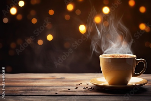 Morning delight. Close up espresso aroma in vintage wooden table background. Rustic charm. Aromatic cappuccino on wood desk coffee break delight