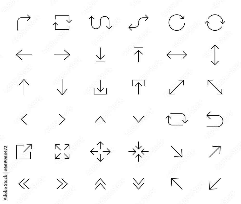 Arrows icons set. Line arrows. Vector arrows of various shapes and directions. Arrow for interface website and app. Editable stroke. Arrows icons set. Line arrows. Vector arrows of various shapes and directions. Arrow for interface website and app. Editable stroke.