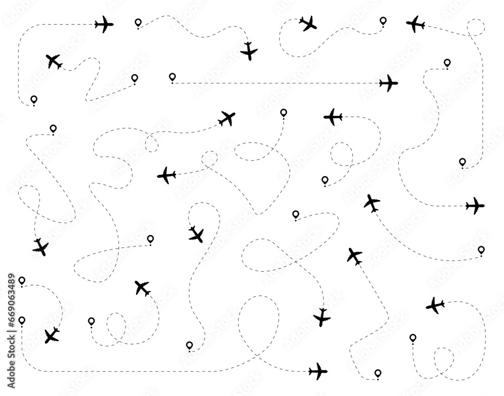 Airplane routes set. Plane dotted paths. Aircraft route dashed line. Aircraft tracking. Airplanes and location pins. Plane travel from start point. Vector illustration.