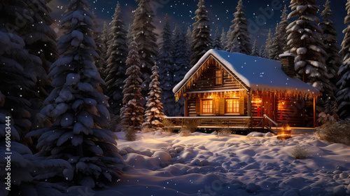 Beautiful winter landscape with wooden house in the forest. Christmas background © Karim Boiko