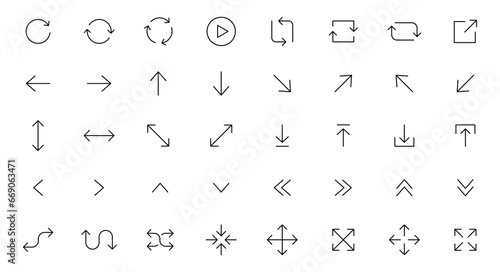 Arrows icons set. Line arrows. Vector arrows of various shapes and directions. Arrow for interface website and app. Editable stroke.