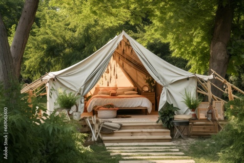 Luxurious Summer glamping tent. Holiday outdoor. Generate Ai