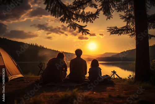A family sits on a blanket watching the sun set over a lake