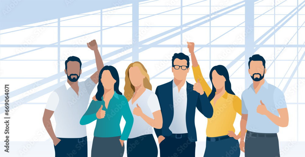 Success. A group of six colleagues celebrate achieving the goal. Vector flat style illustration.  - obrazy, fototapety, plakaty 