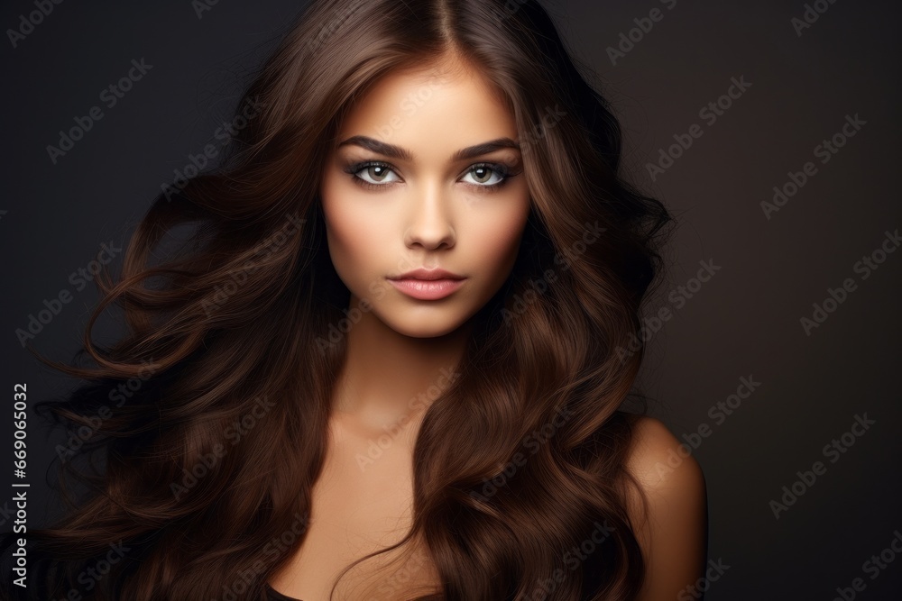 a close-up studio fashion portrait of a young woman with perfect skin, long wavy brown hair and immaculate make-up. dark background. Skin beauty and hormonal female health concept