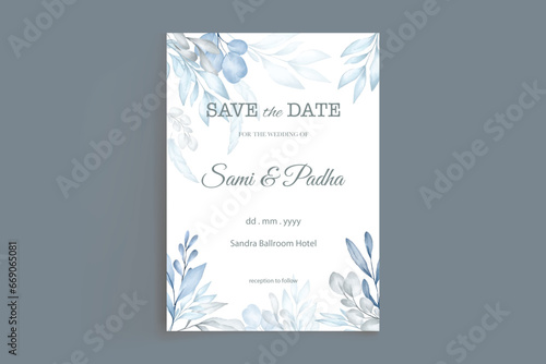 elegant blue winter leaves wedding invitation