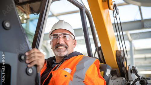 Cheerful middle-aged male excavator operator on construction site. Construction machine and male wearing hardhat operating caterpillar truck while sitting in cab during work. 