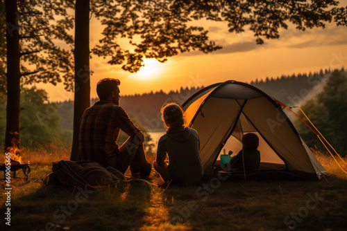 A family sits in front of a tent at sunset