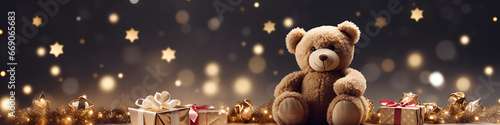 A christmas banner, teddy bear, presents, minimalist, christmas tree, bokeh, photorealistic, blurred background 