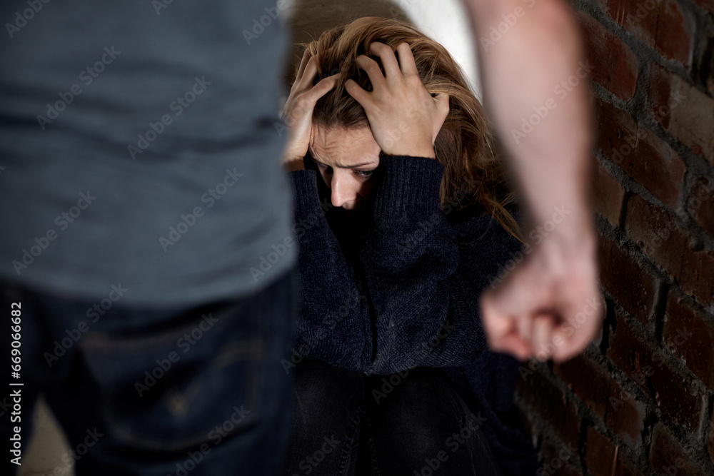 Man, woman and abuse with fist, scared or hiding from partner, fear and angry with hands, conflict or terror. Toxic relationship, harassment or home for physical assault, problem or domestic violence - obrazy, fototapety, plakaty 