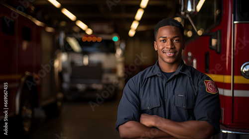 A strong fireman stands in front of a fire truck photo