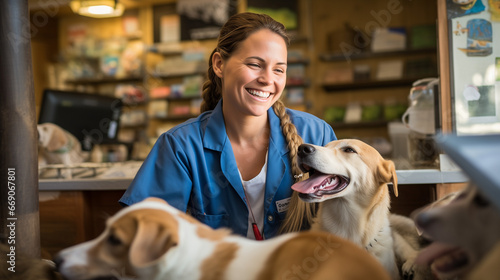 A female veterinarian is caring for dog photo