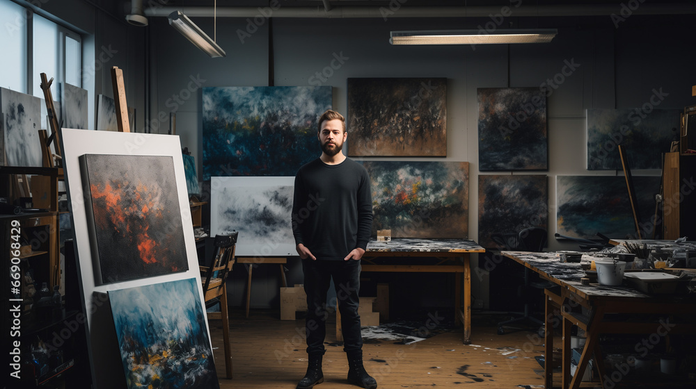 An artist is posing with his work An artist is posing with his work
