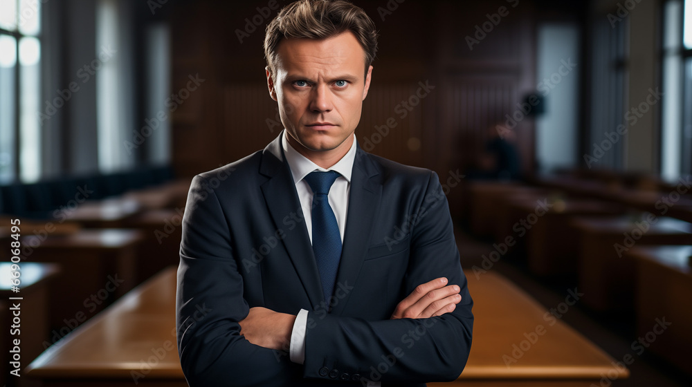 Close-up of a serious lawyer in the courtroom Close-up of a serious lawyer in the courtroom