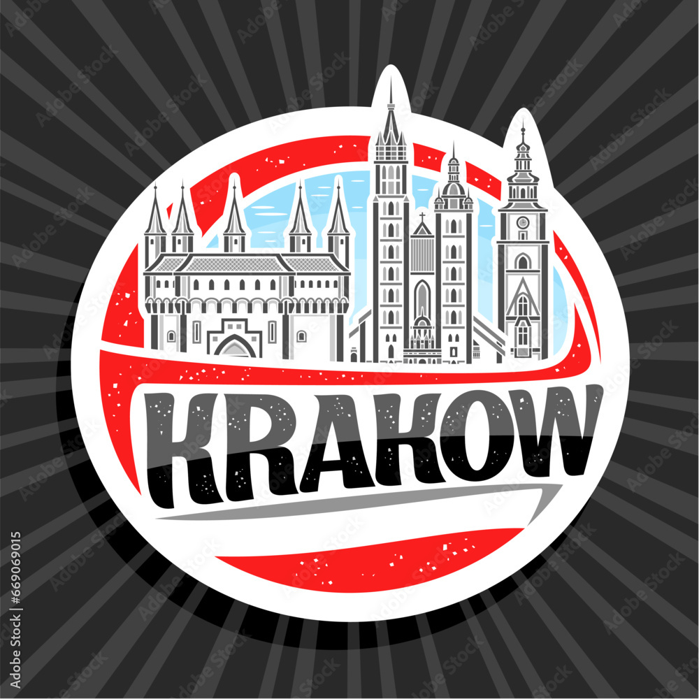 Ταπετσαρία Vector logo for Krakow, white decorative label with illustration of famous histo