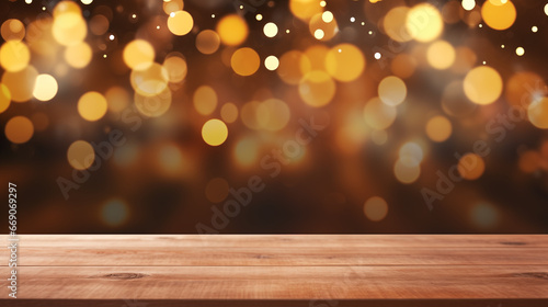 An unused wooden table top featuring a defocused background of bokeh lights from a Christmas Fair  serving as a product display template. Designed with the aid of Generative AI.