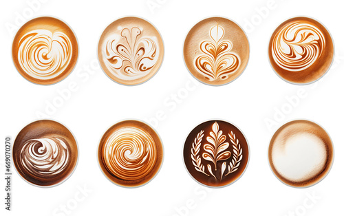 Elegant Coffee Art Presentation Showcasing a Variety of Latte Creations on a Transparent Background