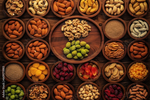 Assortment of Nuts and Dried Fruits in Wooden Bowls on a Rustic Table