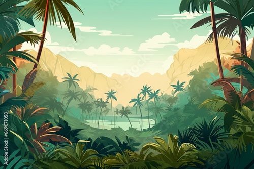 A tropical landscape with a diverse array of palm and tropical tree species. The vector style illustration presents a panoramic view of a thriving tropical forest.