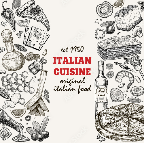 Italian food frame. Set of Italian dishes with farfalle pasta, pizza, ravioli, cheese. Food and drink menu design template. Vintage hand drawing. Engraved image sketch vector illustration.