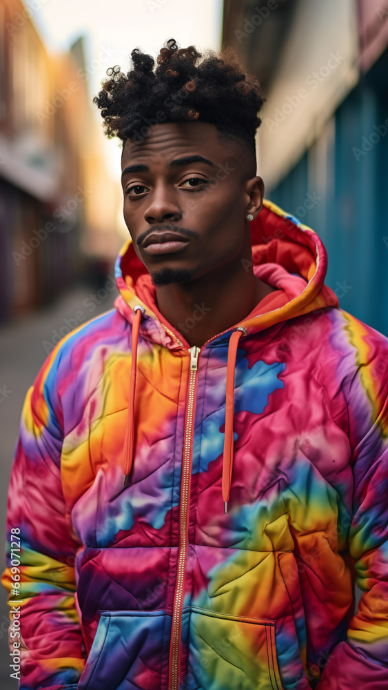 Street photo of a black model wearing colorful clothes