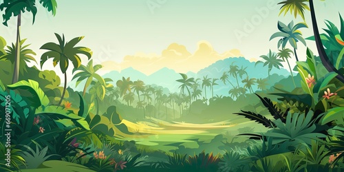 A tropical landscape with a diverse array of palm and tropical tree species. The vector style illustration presents a panoramic view of a thriving tropical forest.