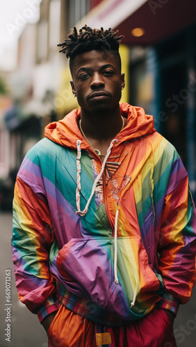 Street photo of a black model wearing colorful clothes