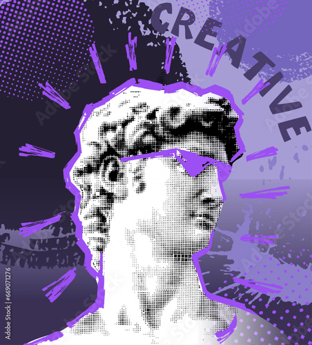 Creative modern classical Sculpture David art poster. Aesthetic contemporary art collage. T-Shirt design, printing, clothes, bags, invitations, cards, leaflets for creative festivals, events. Vector
