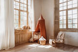 Child interior room with wooden furniture, armchair and baby cradle