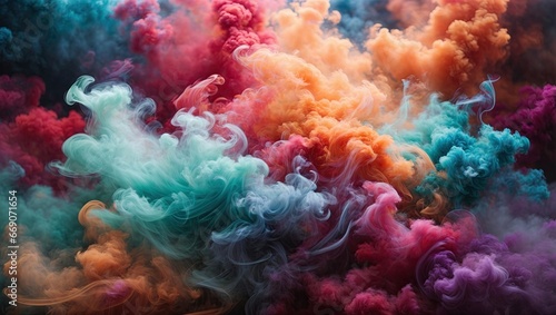 Vibrant smoke plumes in hues of teal, pink, orange, and purple, swirling and intermingling, creating a dreamlike visual spectacle against a muted backdrop.