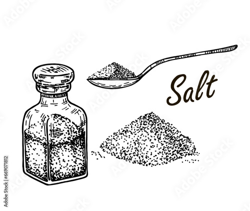 Salt. Vector illustration of a hill of salt. Saltcellar and spoon salty flavor seasoning. Heaps of powder and spoon with sodium crystals. Vintage poster. Engraved hand drawn sketch.