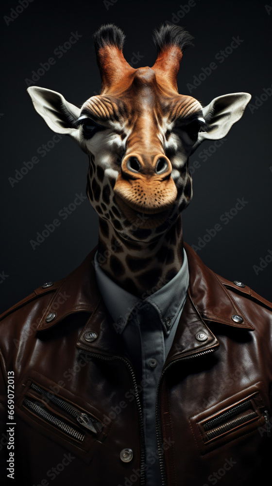 A man with a giraffes head. Giraffe in a leather jacket