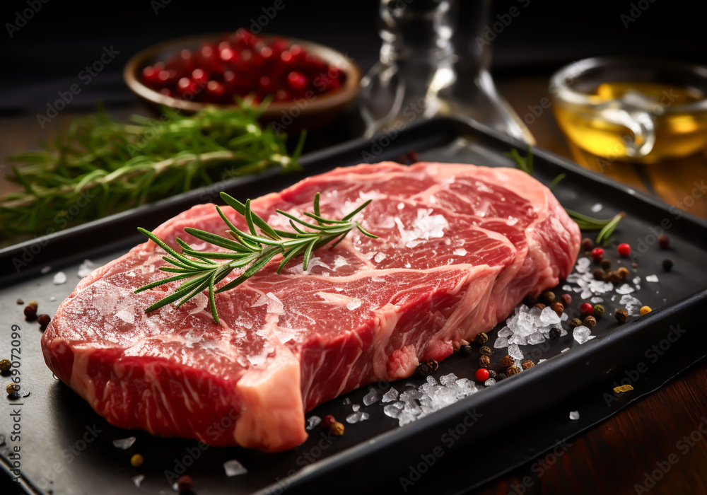 Raw steak with rosemary for cooking. AI Generative Raw steak with rosemary for cooking. AI Generative