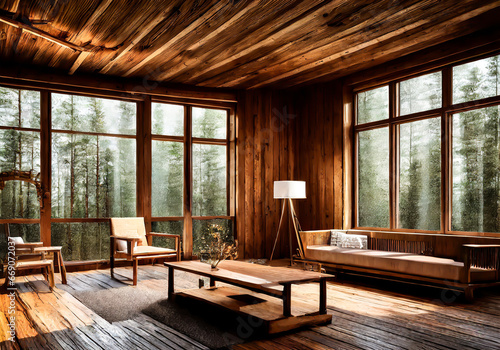 Interior of a minimalist room in a rustic cabin in the forest. AI Generative © Alicina