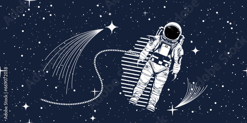 An astronaut flying in the starry sky. Space composition in sketch style.