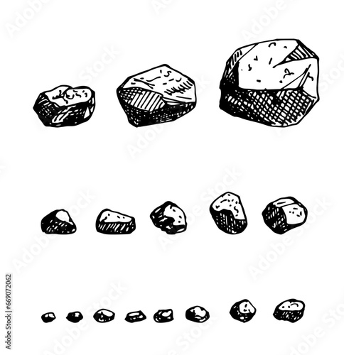 Stones of different sizes and shapes hand sketch image. Rocks. Gravel stones and boulders. Vintage outline minerals. Heavy cobblestones and granite rubble. Black and white doodle nature elements set